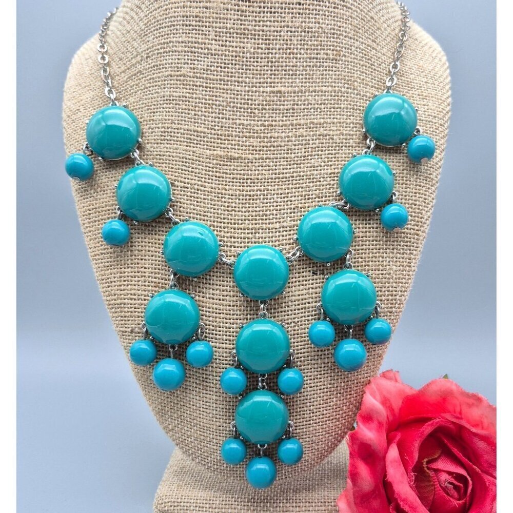 Silver Tone Aqua Blue Statement Bubble Bib Necklace Costume Jewelry 22" Adjustab